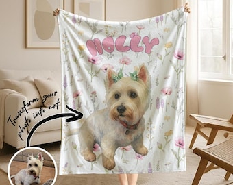 Manta personalizada para mascotas Manta con foto de mascota Manta personalizada para cachorro Manta personalizada con nombre de mascota Regalo para dueño de perro Retrato personalizado de mascota en acuarela