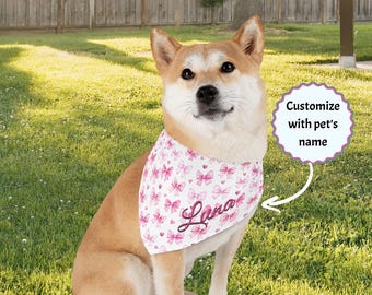 Personalized Pink Bow Clip-on Pet Bandana Collar for Dogs or cats Coquette Dog Bandana Cat Scarf Pet Costume for Pet girl Name collar