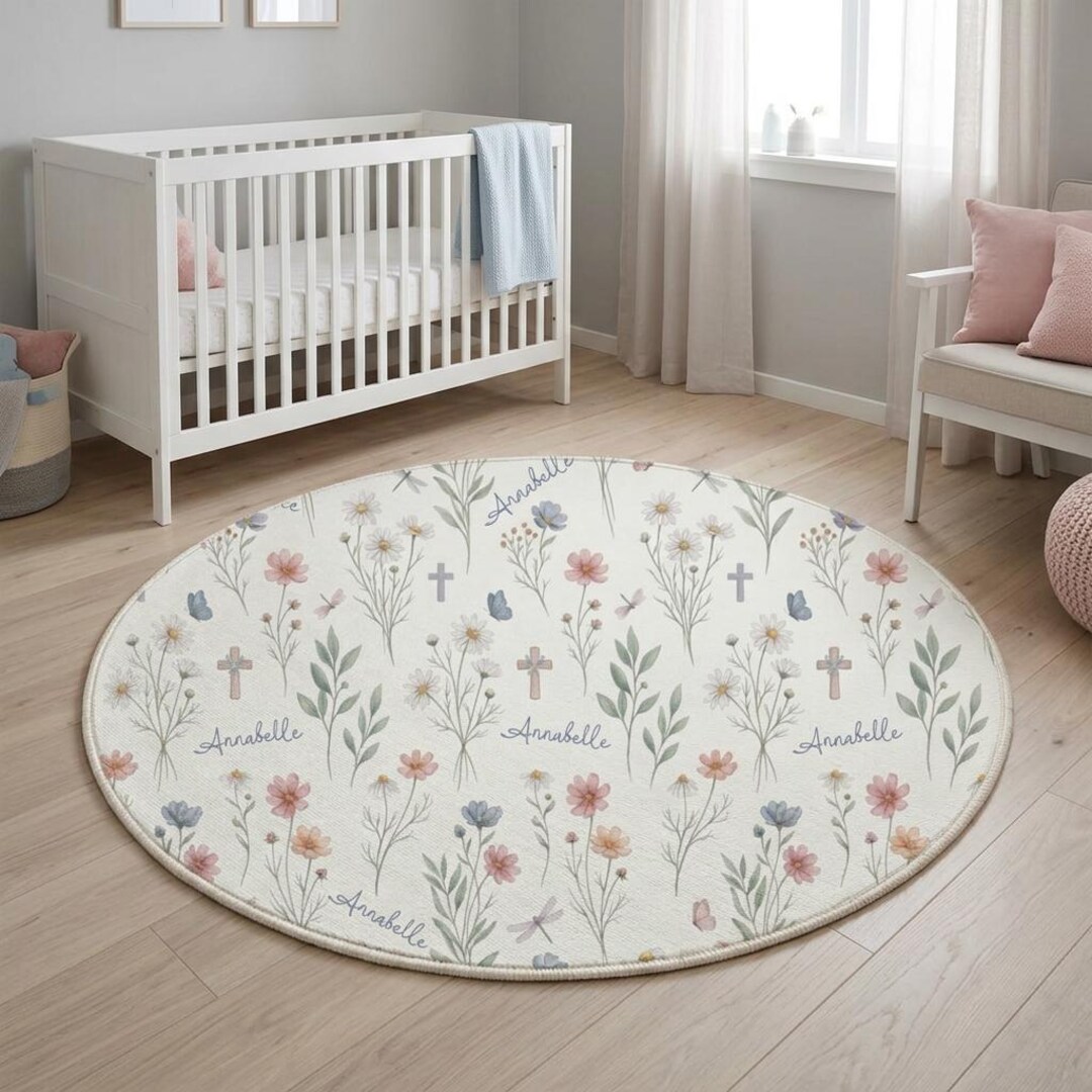 Custom Rugs For Baby Personalized Christian Floral Nursery Round Rug, Wildflower Nursery Rug ...