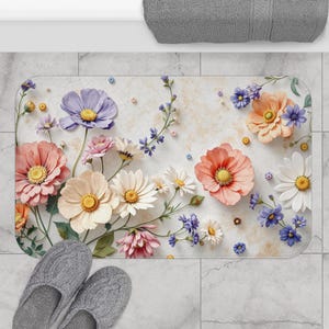 Floral Wildflower Bath Mat Microfiber Pressed Flower Bathroom Rug Non-Slip Shower Mat Washable Rug Housewarming Gift Cute Bathroom Decor