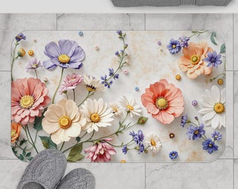 Floral Wildflower Bath Mat Microfiber Pressed Flower Bathroom Rug Non-Slip Shower Mat Washable Rug Housewarming Gift Cute Bathroom Decor