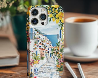 Funda protectora para iPhone con diseño costero mediterráneo, accesorios de playa, collage náutico, fruta