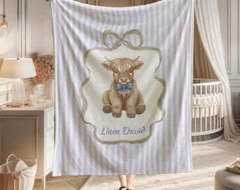 Jeté personnalisé de couverture de chambre de bébé vache Highland pour bébé garçon Couverture de chambre de bébé ferme, cadeau de naissance pour une fête prénatale, décoration de chambre de bébé garçon