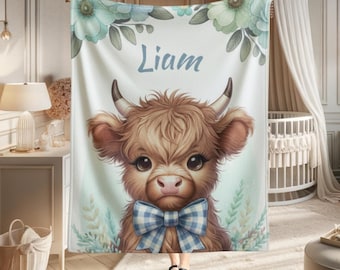 Jeté personnalisé de couverture de chambre de bébé vache Highland pour bébé garçon Couverture de chambre de bébé ferme, cadeau de naissance pour une fête prénatale, décoration de chambre de bébé garçon