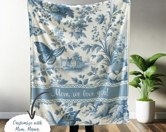 Personlig mamma/mormor blå Toile de Jouy-filt för mamma, pläd, Chinoiserie-filt, mysigt sängkläder, present till mors dag, filt fransk lantlig