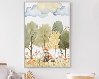Peut inclure: Illustration à l'aquarelle d'un renard dans une scène forestière. L'œuvre représente un renard assis dans un champ d'herbe et de fleurs, avec des arbres et des nuages en arrière-plan. La palette de couleurs comprend des nuances de vert, de jaune et d'orange.