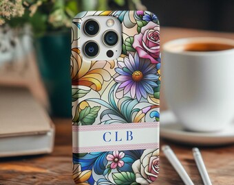 iPhone Stain Glass Monogrammed Tough Phone Case for iPhone Floral Cover for her Mosaic Phone Case with initials Custom Phone Case