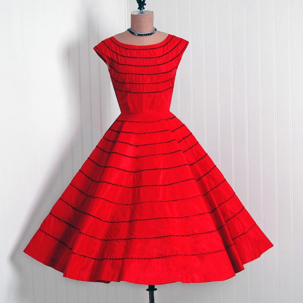 1950's Vintage Ruby-Red Fiery Ribbon-Weave Taffeta-Couture Bombshell Nipped-Waist Rockabilly Ballerina-Cupcake Full Circle-Skirt Party Dress