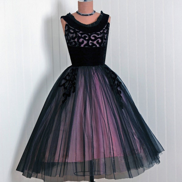 1950's Vintage Black & Pink Beaded Silk-Velvet Net-Tulle Couture Shelf-Bust Plunge Ballerina-Cupcake Full Bombshell Circle-Skirt Party Dress