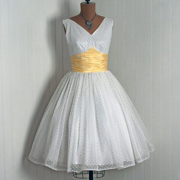 1950's Vintage Ivory-White and Yellow Polka-Dot Flocked Chiffon Taffeta Couture Shelf-Bust Plunge Ballerina-Cupcake Circle-Skirt Party Dress