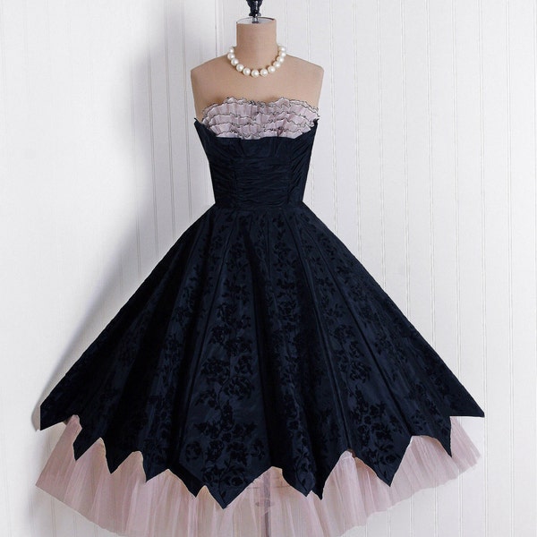 1950's Vintage Black Flocked-Floral Taffeta and Pink Chiffon-Couture Ruffle Shelf-Bust Strapless Full Circle-Skirt Rockabilly Party Dress