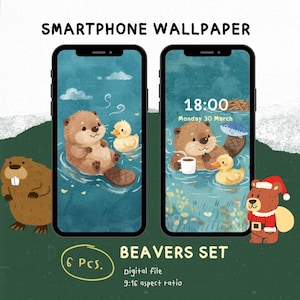 May include: A set of smartphone wallpapers featuring cartoon beavers in a water scene with ducks. The wallpapers have a 9:16 aspect ratio and include the text "SMARTPHONE WALLPAPER", "BEAVERS SET", and "6 PCS."