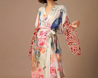 Peacock Kimono Robe, Dressing Gown, Wedding Robe, Bridesmaid Robe, Summer Nightwear, Bathrobe, Beachwear, Women&#39;s Gift, Christmas Gift