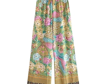 Peacock, Floral Print Bohemian Wide Leg Pants,  Elastic Waist, Loose, Rayon, Boho Long Pant Oversize Trousers, Beachwear, Womens Gift,