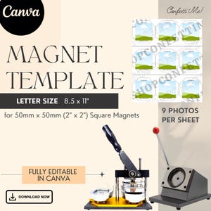 Modelo de ímã quadrado 2" x 2" | 9 espaços para fotos | Magnet Maker Download instantâneo do modelo totalmente editável - tamanho carta