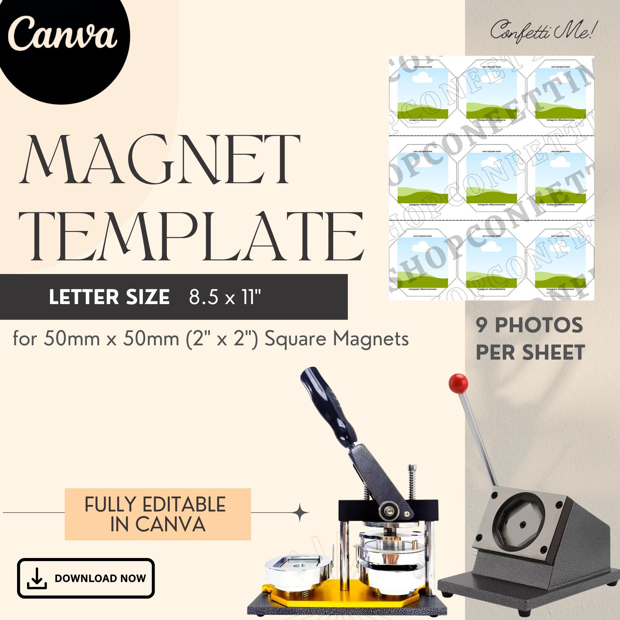 Square Magnet Template 2" x 2" | 9 Photo Spaces | Magnet Maker Instant Download Template Fully Editable - Letter Size
