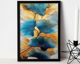 Blaue Blätter Marineblau Abstrakte Blumenpflanze, Botanische Blätter Neutral Boho Kunst, Wohnzimmer Kunst