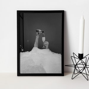 Black and White,Woman Drinking Champagne in Bubble Bath Print,Feminist Poster,  Black and White, Alcohol Wall Art, Girls Bathroom Decor,