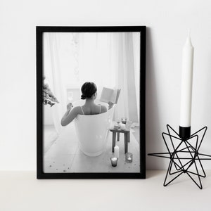 Black and White,Woman Drinking Wine & Reading in Bathtub Print,Feminist Poster,  Alcohol Wall Art, Girls Bathroom Decor,