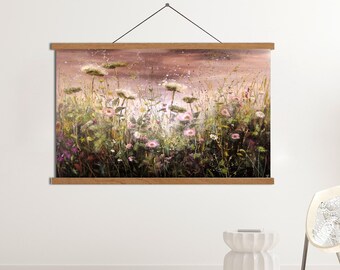 Artwork,Wildflower Field Landscape Vintage Painting, Pink Spring Print Farmhouse Print Neutral Wall Art Spring Art