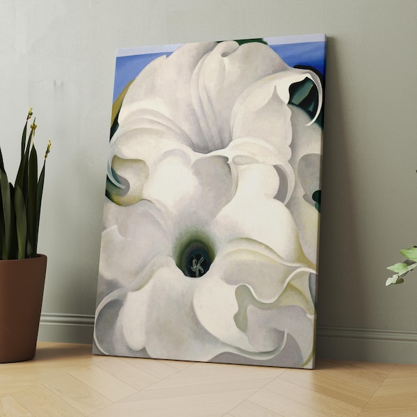 Georgia O’Keeffe Bella Donna White Flower Canvas Wall Art, Minimalist Botanical Floral Canvas Print for Modern Neutral Home Decor