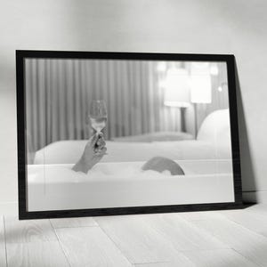 Bathtub Wine Wall Art – Black and White Self Care Print, Feminine Bathroom Decor, Relaxing Woman Poster, Luxury Spa Photo Canvas