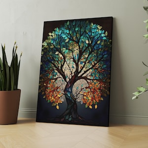 Mosaic Yggdrasil Colorful Painting,Stained Glass Canvas Print, Tree of Life Artwork, Norse Mythology Art, Mythology Gift, Celtic Artwork