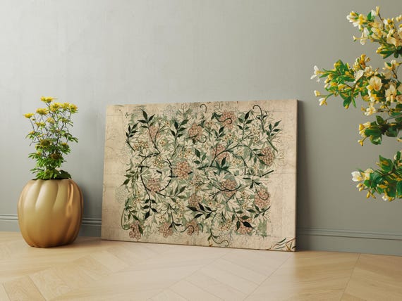 William Morris,Oversized Wall Art, Botanical Textile On Canvas,Vintage Botanical Art, Botanical Textile Art, Large Wall Art,