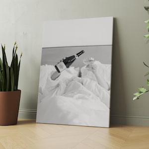 Black and White,Woman Drinking Rose Wine in Bed Print, Black and White, Cocktail Poster, Alcohol Wall Art, Bar Poster, Bar Cart Wall Decor,