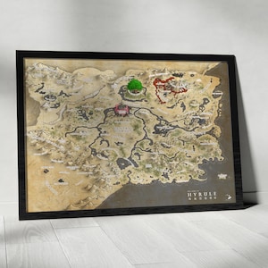 Impression de carte Legend of Zelda Hyrule, affiche de jeu fantastique, art mural carte aventure vintage, décoration de chambre de joueur, cadeau souffle de la nature