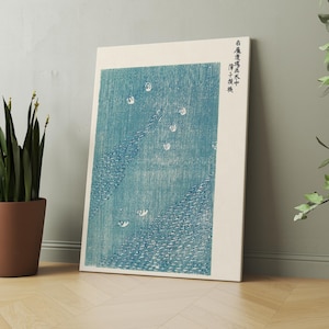 Taguchi Tomoki – Swans on Blue Lake Japanese Vintage Woodblock Print  | Japan Wall Art, Minimalist Poster, Yatsuo no Tsubaki Canvas Print