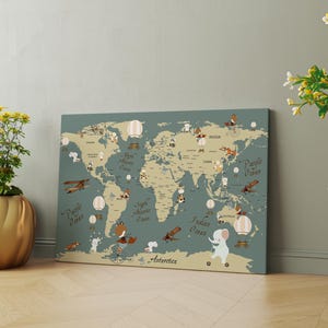Carte du monde amusante pour enfants, carte du monde éducative pour chambre d'enfant, décoration en toile de carte du monde pour enfants, carte du monde imprimée pour enfants, art mural, décoration de chambre pour enfants