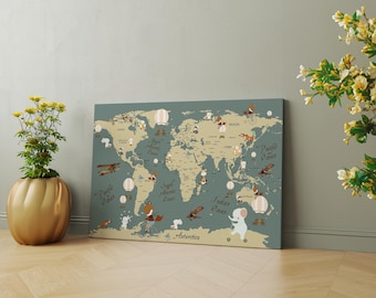 Wereldkaart voor kinderen, educatieve kinderkamer wereldkaart canvas kinderwereldkaart decor kinderkaart print wereldkaart kunst aan de muur kinderkamer decor