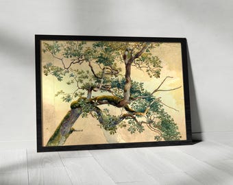 Impresión de árbol vintage, impresión de arte de árbol antiguo, ramas de árboles vintage, pintura de acuarela, arte mural de naturaleza, póster de árbol, impresión de arte botánico,