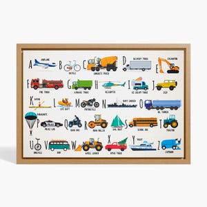 Impresión divertida del alfabeto de transporte, impresión del alfabeto de vehículos, arte de pared para sala de juegos de niños, decoración de guardería de niños, impresiones para el aula, póster de aprendizaje