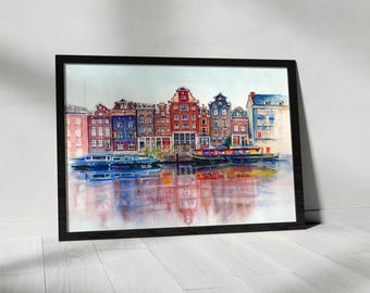 Watercolor Amsterdam Art Framed, Watercolor Painting, Netherlands Illustration, Travel Prints,Amsterdam Skyline Amsterdam Canvas Framed