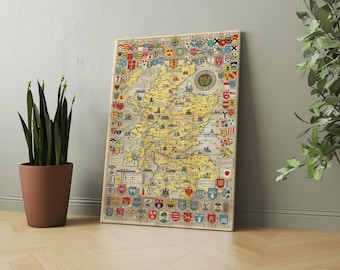 Vintage Scotland map, clans of Scotland, coats of arms, historic Scotland, old Scotland map, Scottish history, Scotland lover gift, Scotland