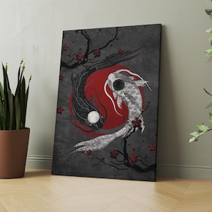 Japanese Koi Fish Art, Yin Yang Zen Wall Art Art, Koi, Huge Canvas Wall Art, Yin Yang Circle Canvas, Zen Abstract, Yin Yang, Japanese Art