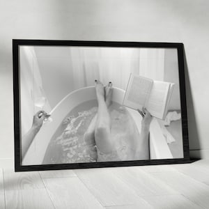 Woman Drinking Wine & Reading in Bathtub Print, Feminist Poster, Black and White, Cocktail Wall Art, Girls Bathroom Decor,