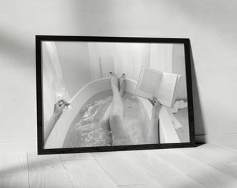 Woman Drinking Wine & Reading in Bathtub Print, Feminist Poster, Black and White, Cocktail Wall Art, Girls Bathroom Decor,
