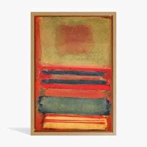 Può includere: Dipinto astratto in cornice di legno. L'opera presenta una composizione rettangolare con un quadrato rosso centrale, una sezione superiore giallo-verde e bande orizzontali rosse, blu e gialle nella parte inferiore. Il dipinto ha un aspetto strutturato.
