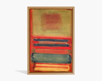 May include: Abstract painting in a wooden frame. The artwork features a rectangular composition with a central red square, a yellow-green upper section, and horizontal bands of red, blue, and yellow at the bottom. The painting has a textured appearance.