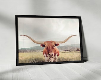 Longhorn Print Canvas, Longhorn Texas, Cow Print Canvas, Cow Poster, Horns Print, Posters, Wall Decor, Wall Art, Country Style