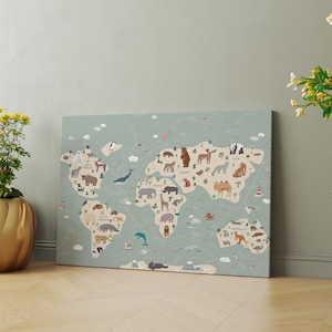 Art mural carte du monde animal drôle pour enfants, carte sur le thème des animaux à accrocher sur toile, carte pour chambre d'enfant, décoration murale pour salle de classe, carte du monde avec animaux,
