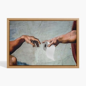 Póster de papel higiénico de La Creación de Adán, arte mural para baño, lienzo con meme de Miguel Ángel, parodia renacentista, decoración humorística para baño.