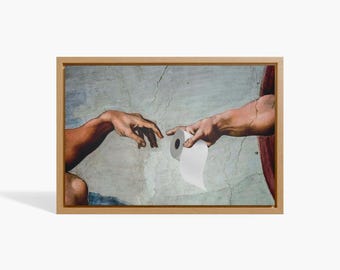 Funny Creation of Adam Toilet Paper Poster, Bathroom Wall Art, Michelangelo Meme Canvas, Renaissance Parody Print, Humorous Bathroom Decor
