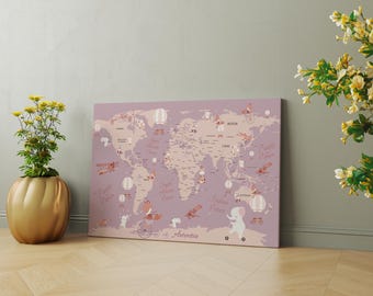 Arte educativa di grandi dimensioni per la cameretta dei bambini, arazzo da parete per l'aula, decorazione per la sala giochi, mappa del mondo degli animali, arte per la scuola domestica, mappa del mondo divertente per bambini.