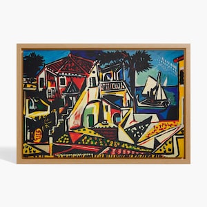 Picasso Coastal Village Poster, Colorful Cubism Canvas Wall Art, Abstract Mediterranean Print, Modern Spanish Landscape Painting