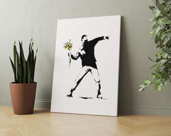 Banksy Rage, Flower Thrower by Banksy Canvas Art Print, street art Graffiti Banksy Canvas