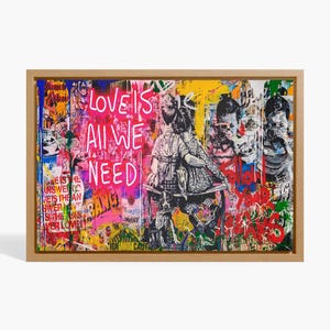 Banksy Love Is All We Need Wall Art, Colorful Pop Art Canvas, Modern Graffiti Style Artwork, Urban Street Art Decor for Home